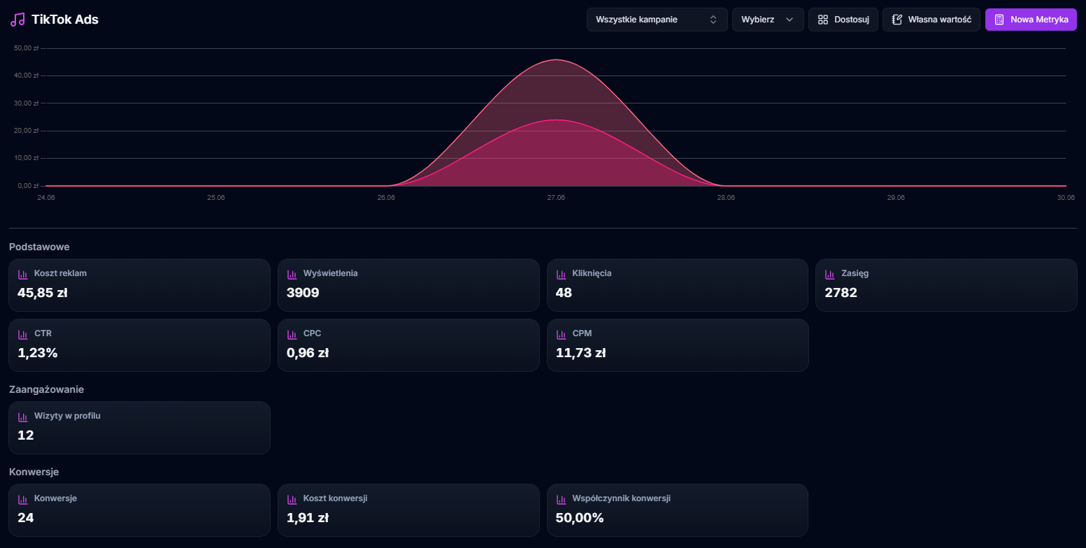 Dashboard TikTok Ads w Dashly – metryki kosztów, konwersji i przychodów